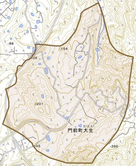 門前町大生とその周辺の地図。町の範囲を重ねている