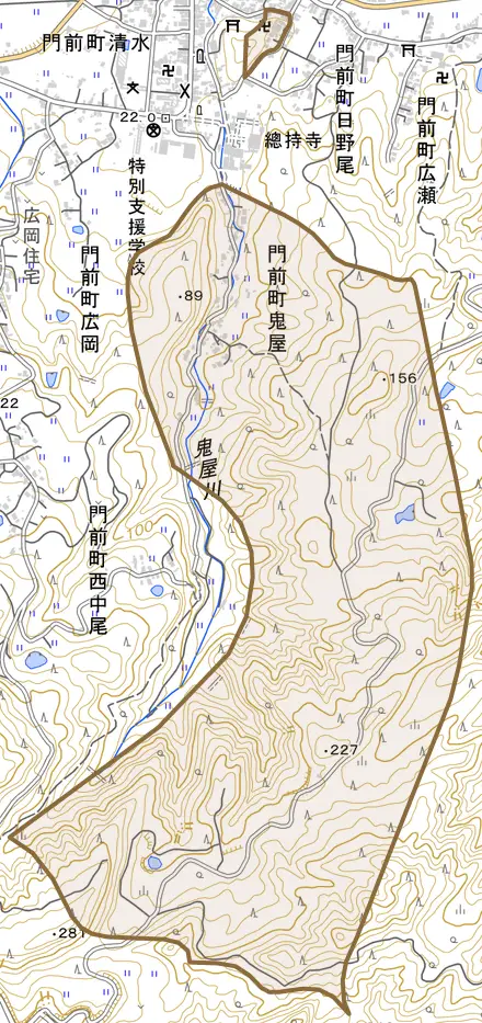 門前町鬼屋とその周辺の地図。町の範囲を重ねている