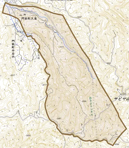 門前町大滝とその周辺の地図。町の範囲を重ねている