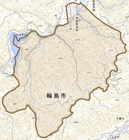門前町定広とその周辺の地図。町の範囲を重ねている