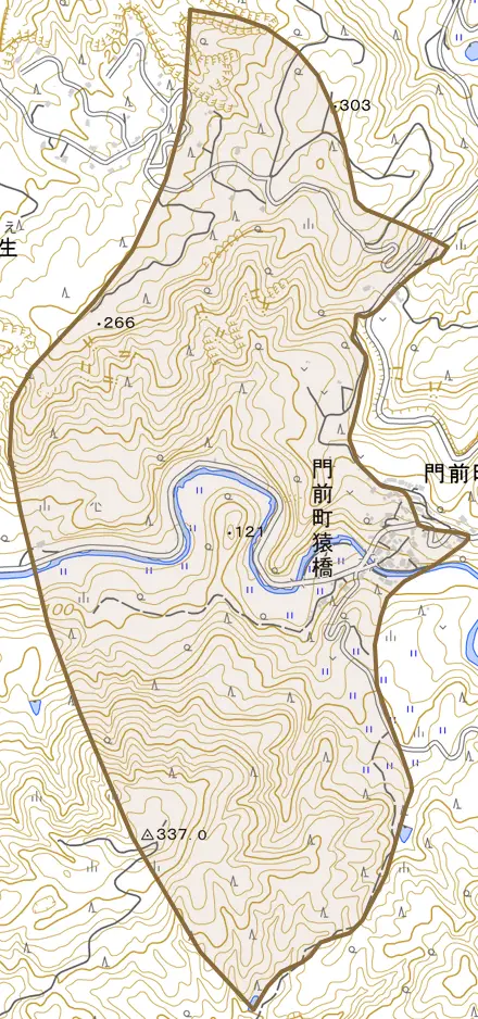 門前町猿橋とその周辺の地図。町の範囲を重ねている