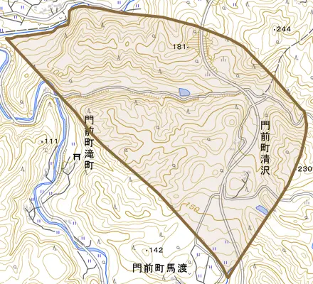 門前町清沢とその周辺の地図。町の範囲を重ねている