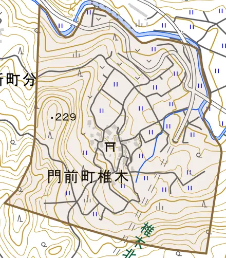 門前町椎木とその周辺の地図。町の範囲を重ねている