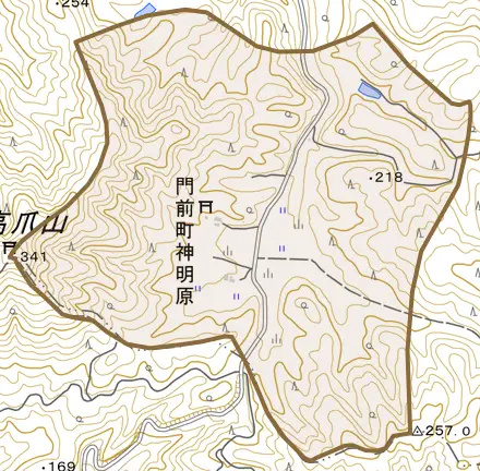門前町神明原とその周辺の地図。町の範囲を重ねている