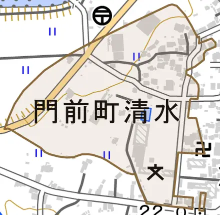 門前町清水とその周辺の地図。町の範囲を重ねている