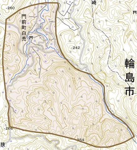 門前町白禿とその周辺の地図。町の範囲を重ねている