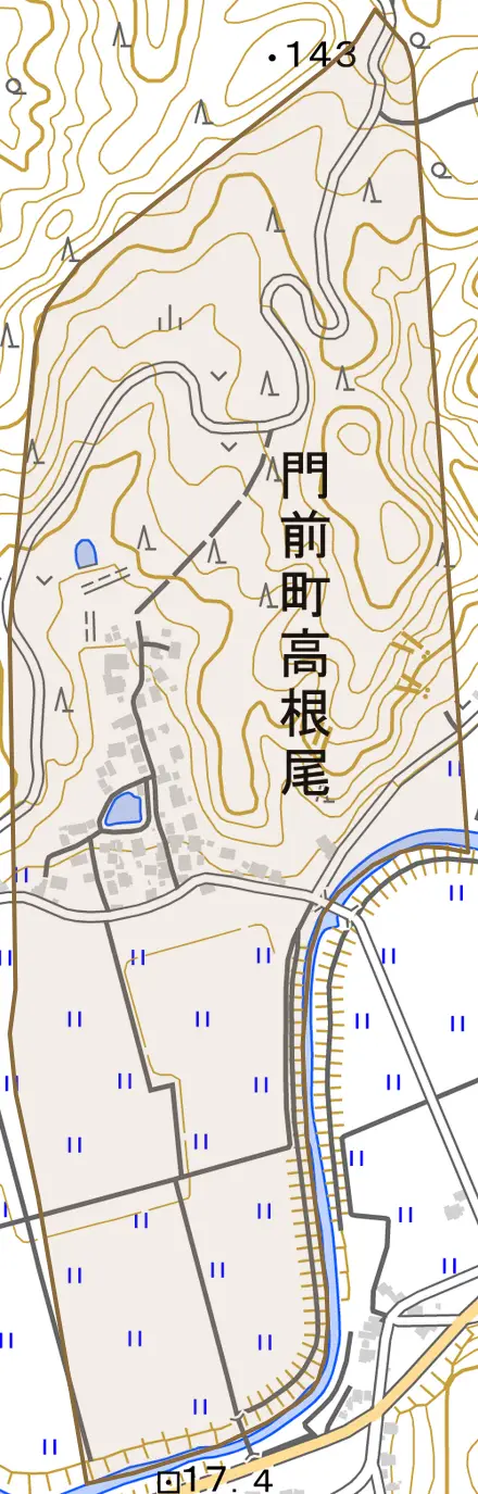 門前町高根尾とその周辺の地図。町の範囲を重ねている