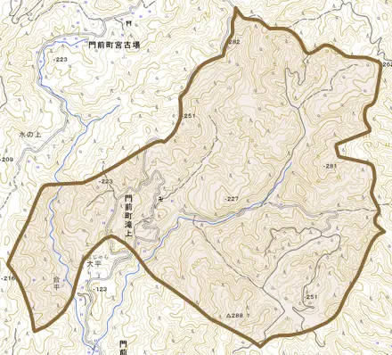 門前町滝上とその周辺の地図。町の範囲を重ねている