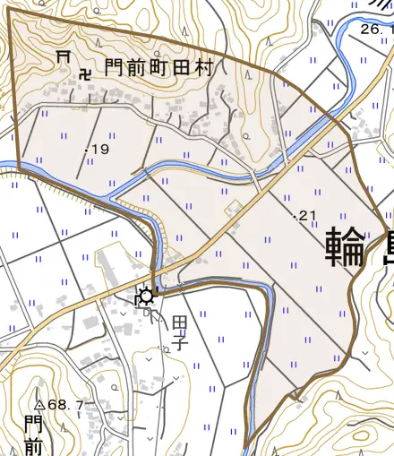 門前町田村とその周辺の地図。町の範囲を重ねている