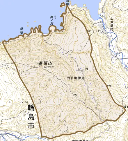 門前町樽見とその周辺の地図。町の範囲を重ねている