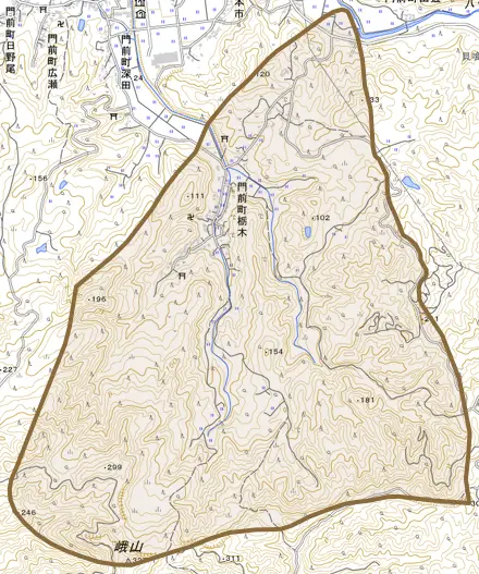 門前町栃木とその周辺の地図。町の範囲を重ねている