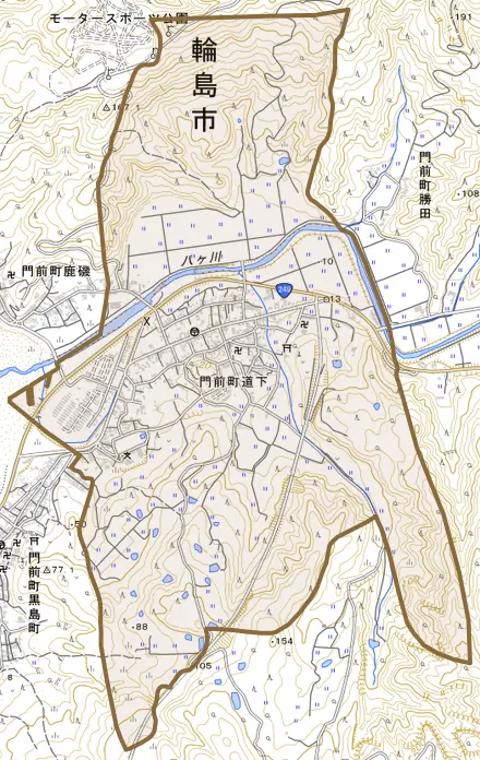 門前町道下とその周辺の地図。町の範囲を重ねている