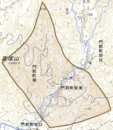 門前町俊兼とその周辺の地図。町の範囲を重ねている