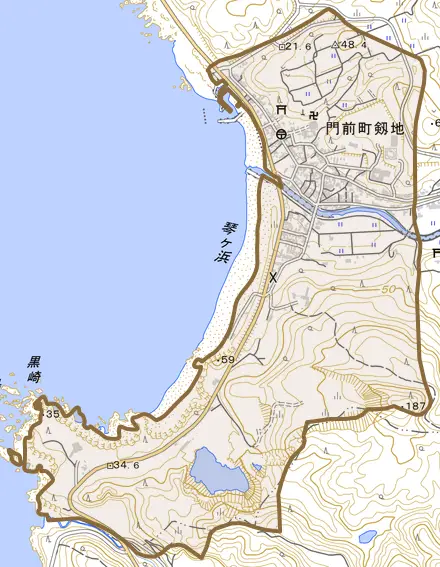 門前町剱地とその周辺の地図。町の範囲を重ねている