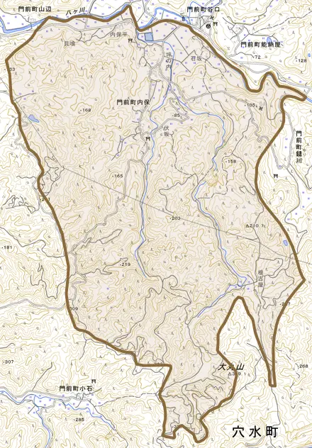 門前町内保とその周辺の地図。町の範囲を重ねている