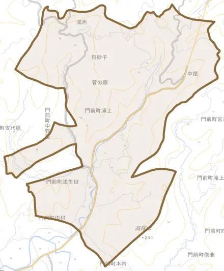 門前町浦上とその周辺の地図。町の範囲を重ねている