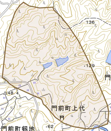 門前町上代とその周辺の地図。町の範囲を重ねている