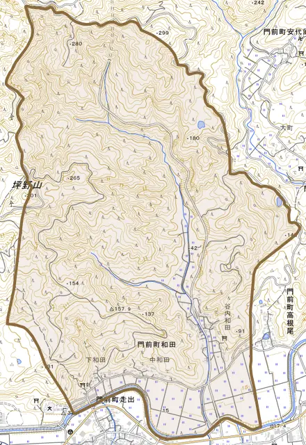門前町和田とその周辺の地図。町の範囲を重ねている