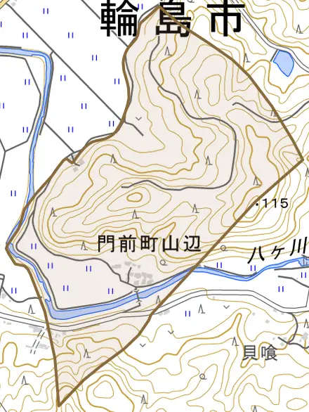 門前町山辺とその周辺の地図。町の範囲を重ねている
