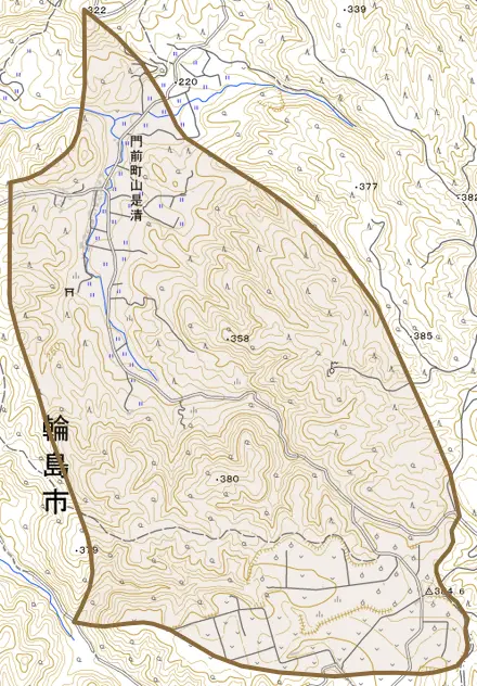 門前町山是清とその周辺の地図。町の範囲を重ねている