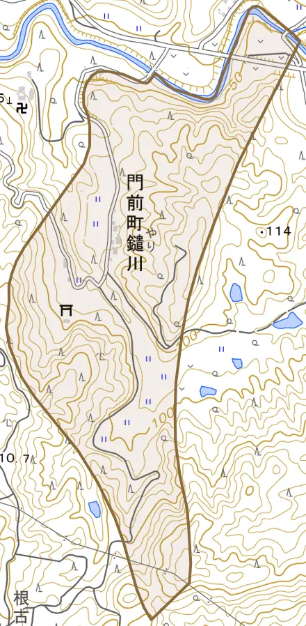門前町鑓川とその周辺の地図。町の範囲を重ねている