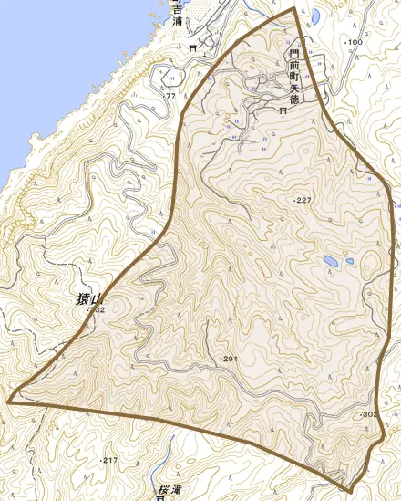 門前町矢徳とその周辺の地図。町の範囲を重ねている