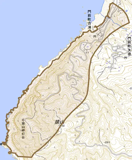 門前町吉浦とその周辺の地図。町の範囲を重ねている