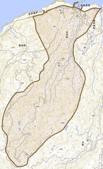 名舟町とその周辺の地図。町の範囲を重ねている