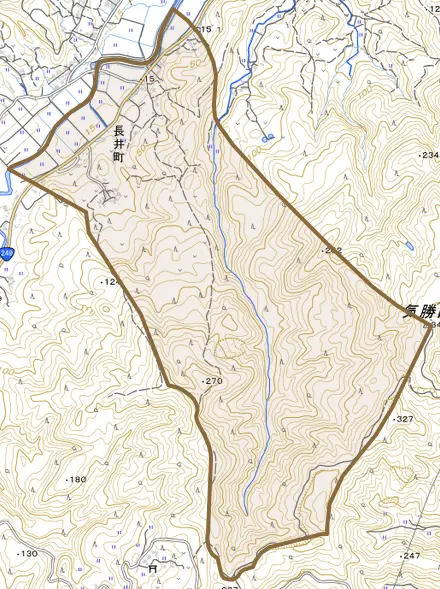 長井町とその周辺の地図。町の範囲を重ねている