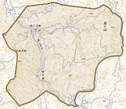 西二又町とその周辺の地図。町の範囲を重ねている