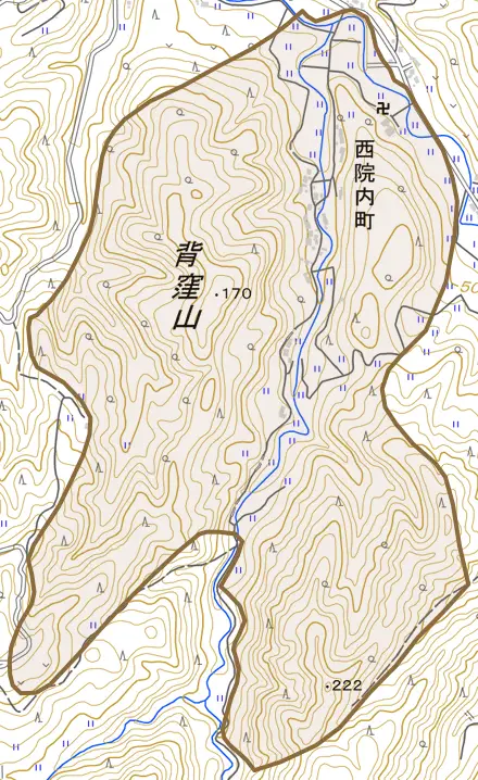 西院内町とその周辺の地図。町の範囲を重ねている