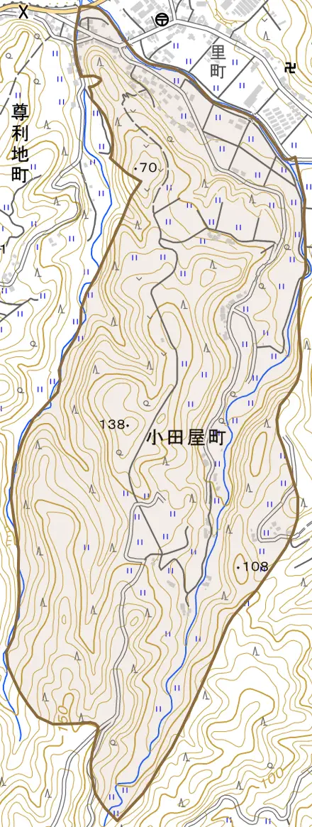 小田屋町とその周辺の地図。町の範囲を重ねている