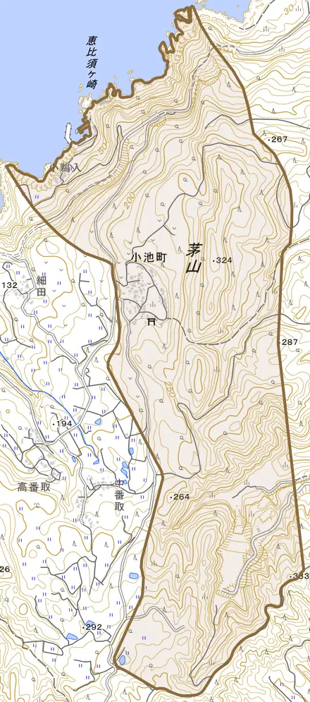 小池町とその周辺の地図。町の範囲を重ねている