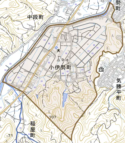 小伊勢町とその周辺の地図。町の範囲を重ねている