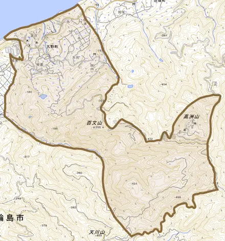 大野町とその周辺の地図。町の範囲を重ねている