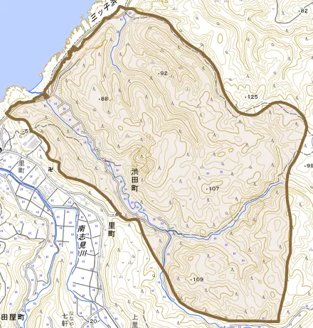 渋田町とその周辺の地図。町の範囲を重ねている