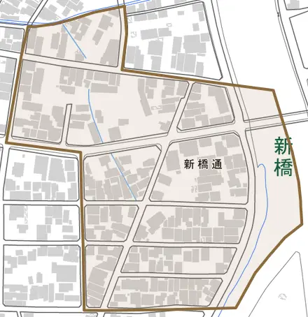 新橋通とその周辺の地図。町の範囲を重ねている