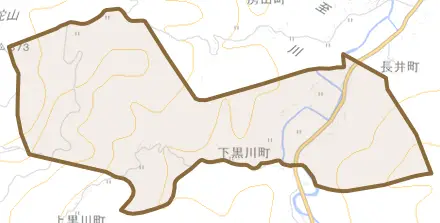 下黒川町とその周辺の地図。町の範囲を重ねている