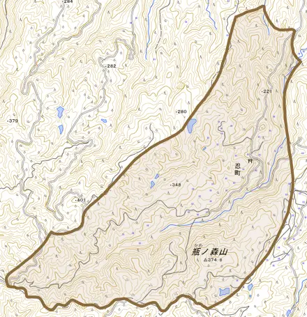 忍町とその周辺の地図。町の範囲を重ねている