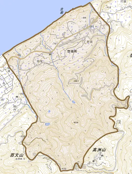 惣領町とその周辺の地図。町の範囲を重ねている