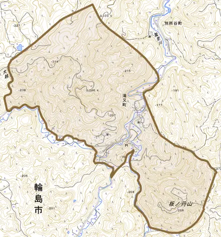 滝又町とその周辺の地図。町の範囲を重ねている