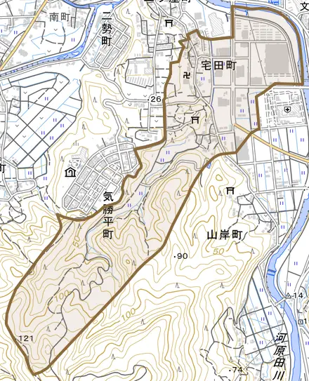 宅田町とその周辺の地図。町の範囲を重ねている