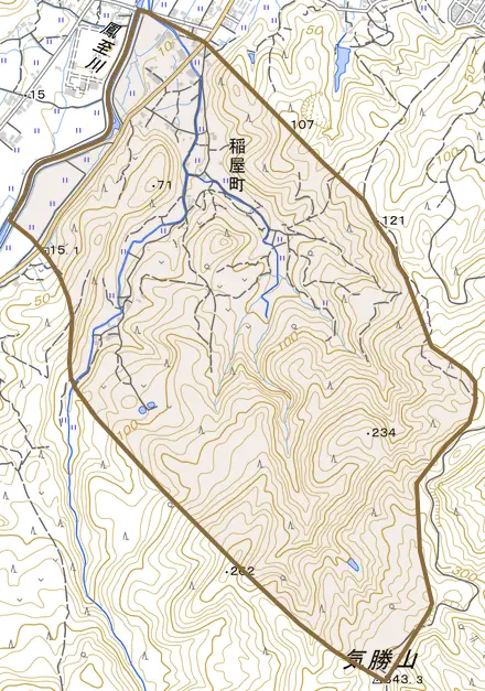 稲屋町とその周辺の地図。町の範囲を重ねている