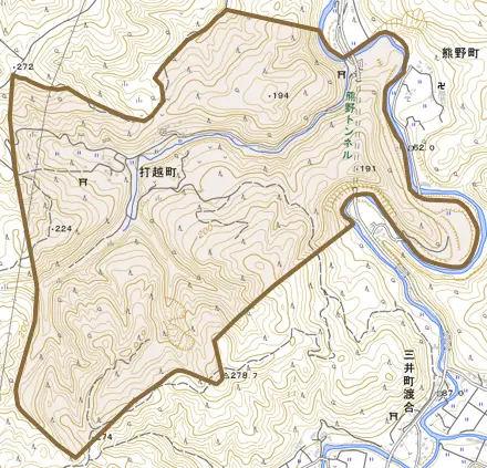 打越町とその周辺の地図。町の範囲を重ねている
