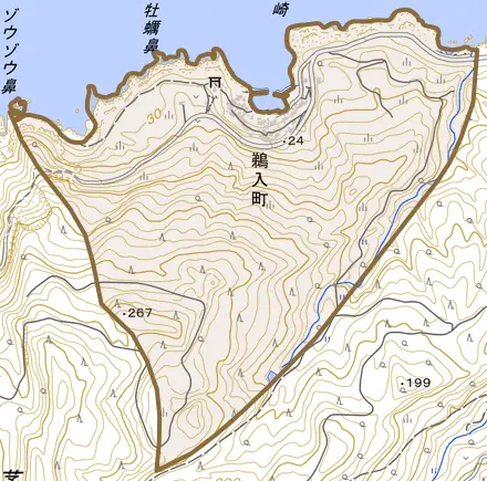 鵜入町とその周辺の地図。町の範囲を重ねている