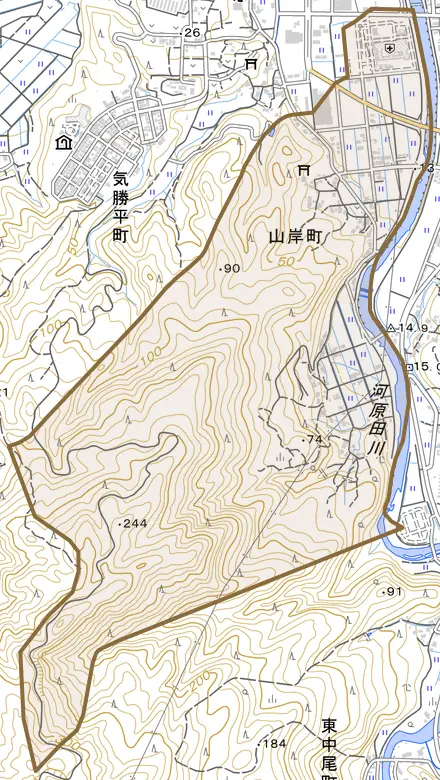 山岸町とその周辺の地図。町の範囲を重ねている