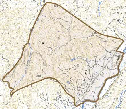 山本町とその周辺の地図。町の範囲を重ねている