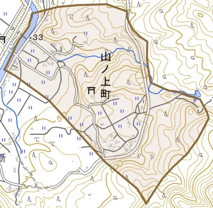 山ノ上町とその周辺の地図。町の範囲を重ねている