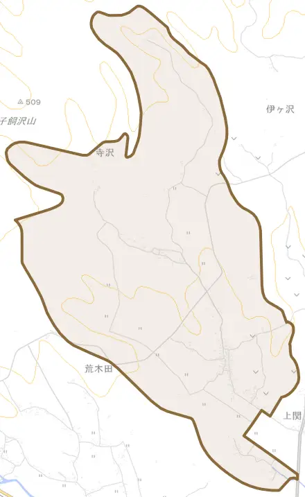 荒木田とその周辺の地図。町の範囲を重ねている