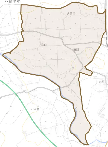 田頭とその周辺の地図。町の範囲を重ねている